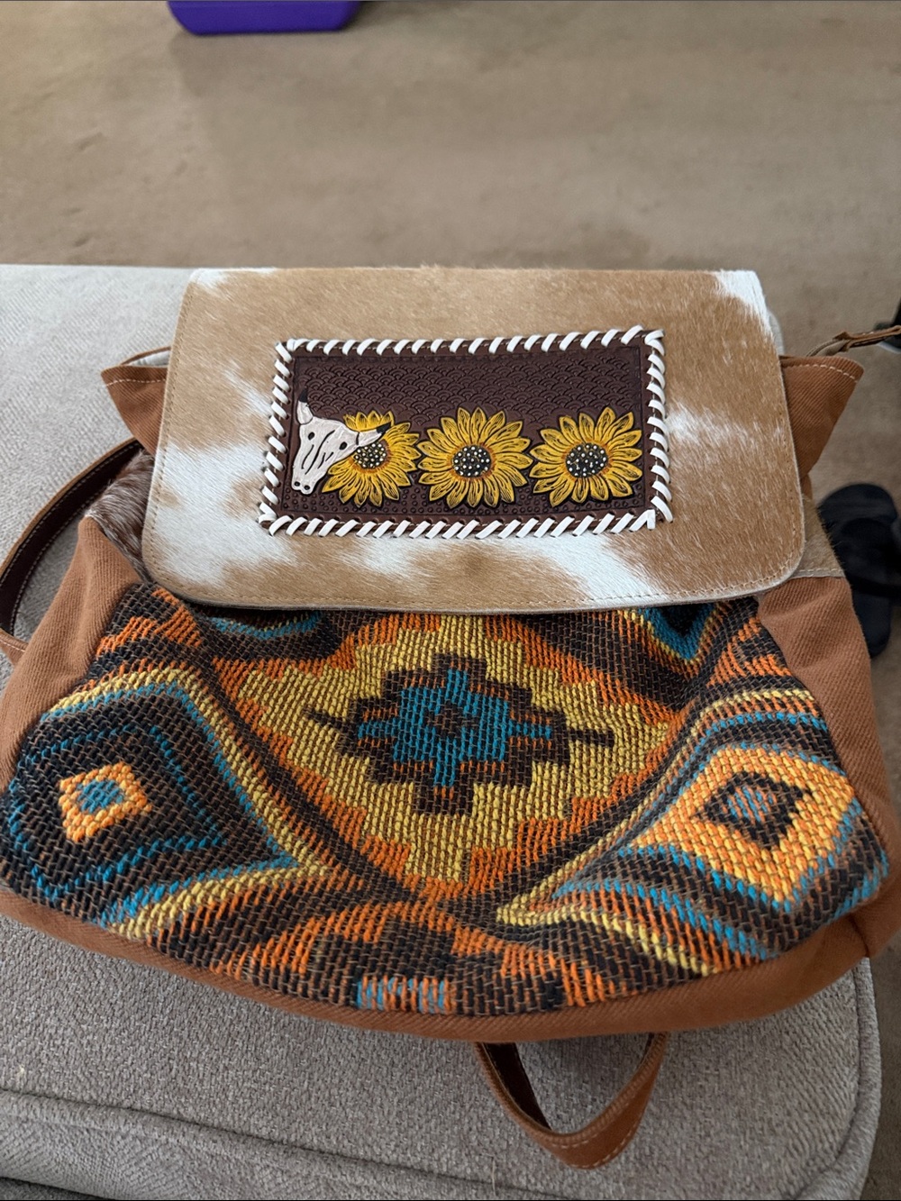 Myra Bag Brown/Tan/Blue Southwestern Sunflower Accent Backpack